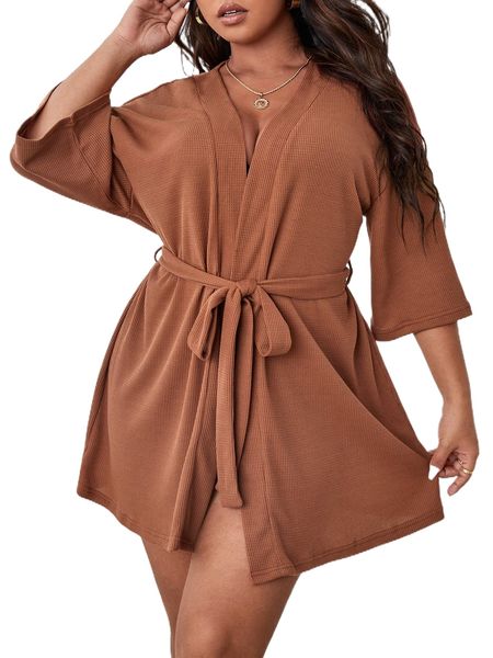 plus waffle knit drop shoulder belted lounge robe without lingerie u6rw#, Black;white
plus waffle knit drop shoulder belted lounge robe without lingerie u6rw#, Black;white