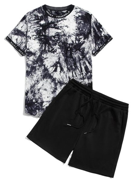 men tie dye contrast letter tape tee & drawstring waist shorts 465x#, Gray