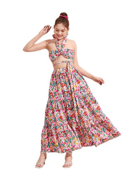 x amy christine allover floral print tied backless crop & skirt set f8zj#, White