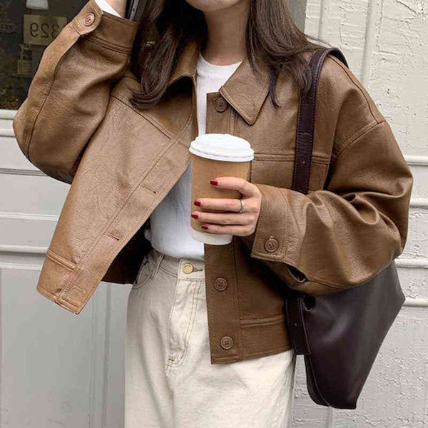 korea chic autumn vintage faux leather jacket women safari style pu loose motorcycle coats lapel buttoned jackets outerwear l220728, Black
korea chic autumn vintage faux leather jacket women safari style pu loose motorcycle coats lapel buttoned jackets outerwear l220728, Black