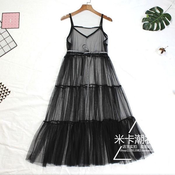women summer mesh dress ladies casual elegant beach lace patchwork loose transparent spaghetti strap black white dress, Black;gray
women summer mesh dress ladies casual elegant beach lace patchwork loose transparent spaghetti strap black white dress, Black;gray