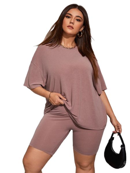 plus drop shoulder tee & biker shorts t4yg#, Black