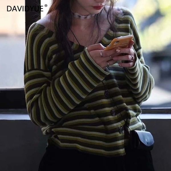 women cardigan long sleeve knitted striped sweater vintage korean style women clothes fall green sweater y200910, White;black
women cardigan long sleeve knitted striped sweater vintage korean style women clothes fall green sweater y200910, White;black
