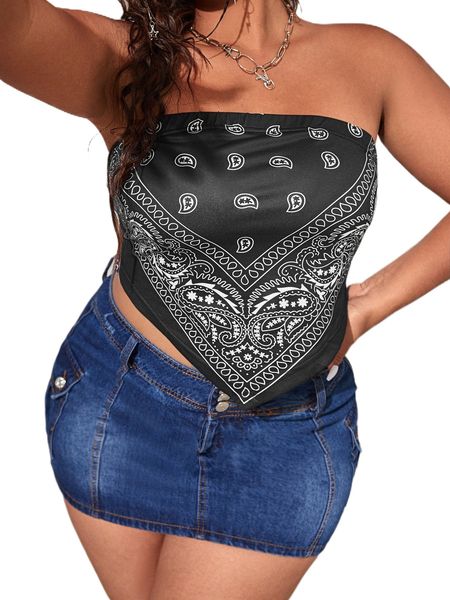 plus paisley print hanky hem tube 649i#, Black