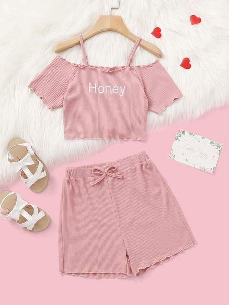 girl's letter embroidered ear side cut shoulder t-shirt and front bow shorts she, White
girl's letter embroidered ear side cut shoulder t-shirt and front bow shorts she, White