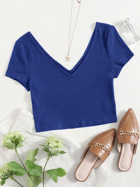 double v-neck rib-knit e1nm#, White