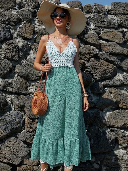contrast guipure lace ditsy floral print tied backless dress 81li#, Black;gray
contrast guipure lace ditsy floral print tied backless dress 81li#, Black;gray