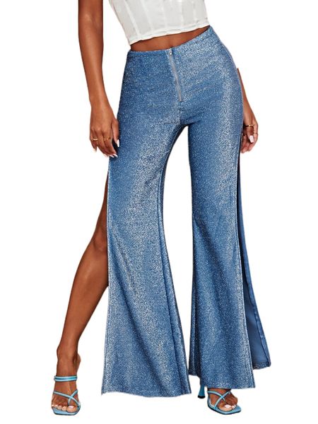 high waist split thigh glitter flare leg pants 57rh#, Black;white
high waist split thigh glitter flare leg pants 57rh#, Black;white