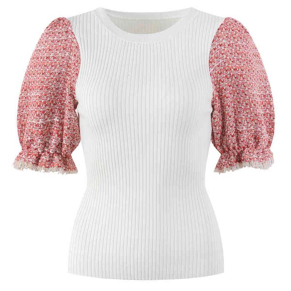 women's knits tees spring and summer french style temperament round neck bubble sleeve splicing tweed fashionable aging women m814, White
women's knits tees spring and summer french style temperament round neck bubble sleeve splicing tweed fashionable aging women m814, White