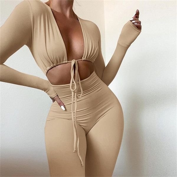 exposed navel lace-up long sleeve tight-fitting solid color suit women's fashion summer women's jumpsuit 220412, Black;white
exposed navel lace-up long sleeve tight-fitting solid color suit women's fashion summer women's jumpsuit 220412, Black;white