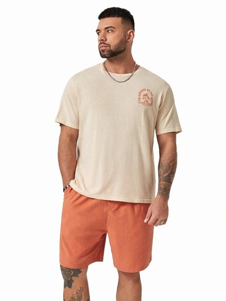 extended sizes men tropical & slogan graphic tee & shorts l504#, Gray