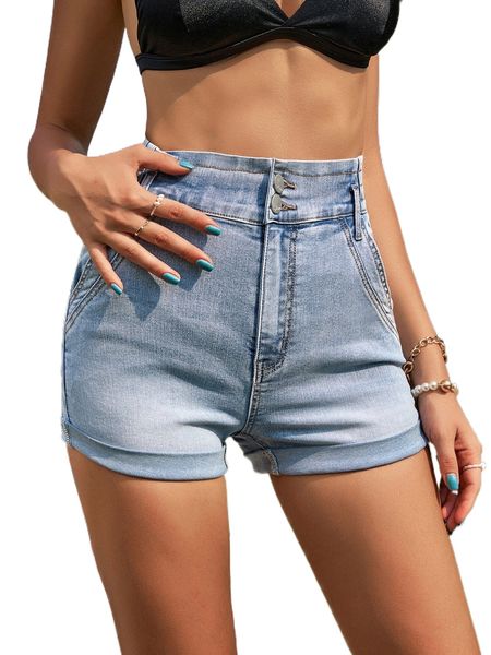 high waist roll up hem denim shorts l3c9#, White;black