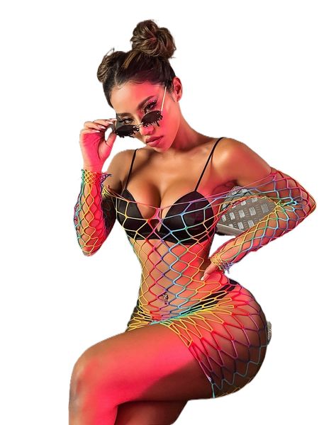 rainbow striped off shoulder hollow out mesh dress without lingerie e5tb#, Black;red
rainbow striped off shoulder hollow out mesh dress without lingerie e5tb#, Black;red