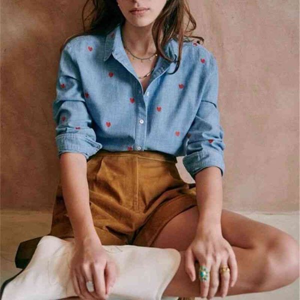 women's blouses & shirts spring french denim shirt women retro red heart embroidered blouse france paris brand vgc5, White
women's blouses & shirts spring french denim shirt women retro red heart embroidered blouse france paris brand vgc5, White