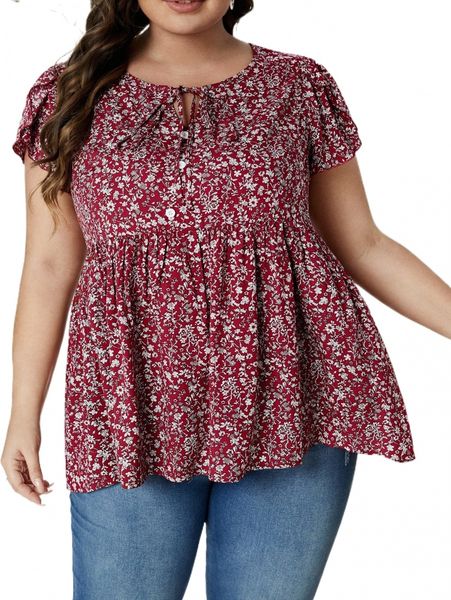 plus ditsy floral tie neck petal sleeve peplum blouse s1nk#, Black
plus ditsy floral tie neck petal sleeve peplum blouse s1nk#, Black