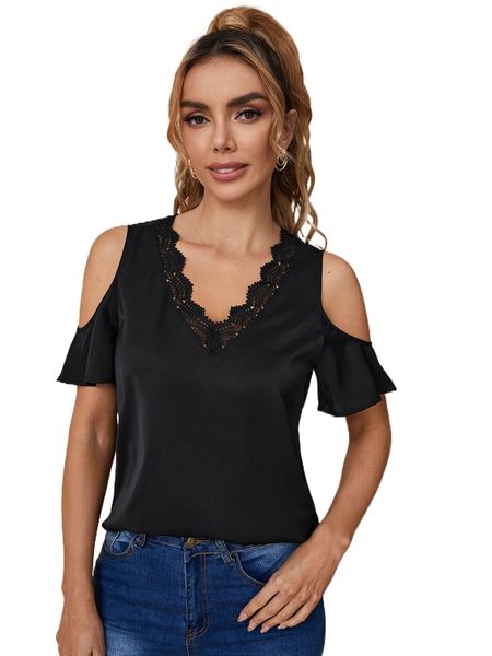 lace trim cold shoulder 81dm#, White