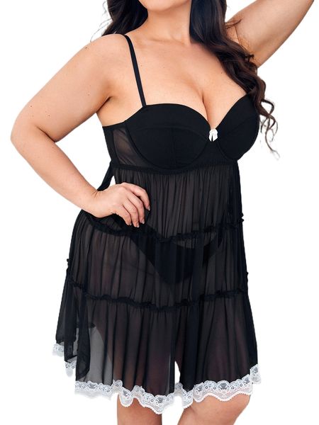 plus frill trim mesh slips without panty g1uq#, Black;white