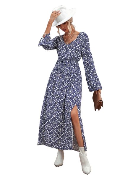 damask print split thigh belted dress m67r#, Black;gray