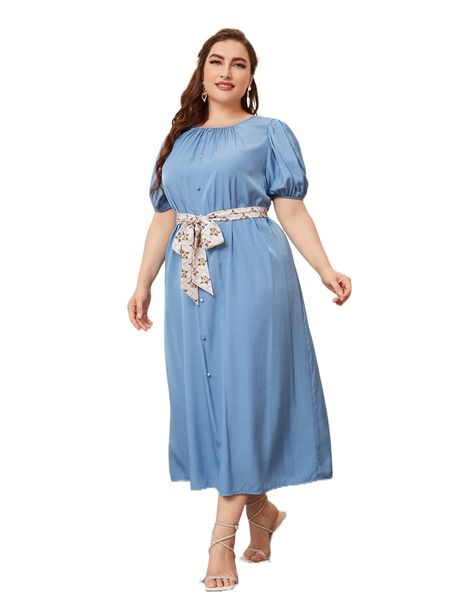 plus 1pc ruched puff sleeve floral belted dress x2nj#, Black