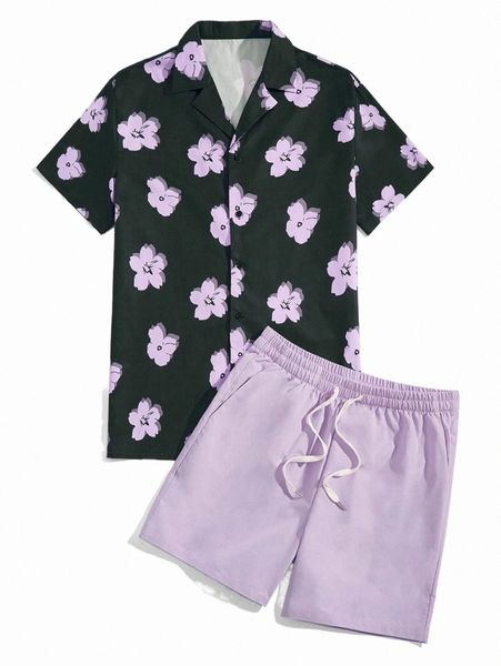 romwe guys floral print shirt & shorts 45fu#, Gray 
romwe guys floral print shirt & shorts 45fu#, Gray