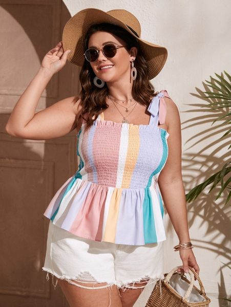 plus colorful striped shirred ruffle hem cami v0h6#, Black
plus colorful striped shirred ruffle hem cami v0h6#, Black