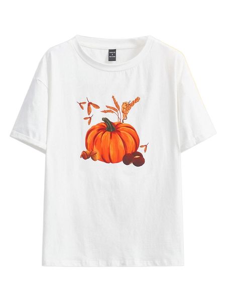 x hattivoarart pumpkin print drop shoulder tee j7qt#, White
