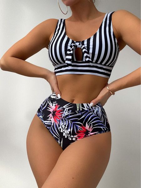 tropical print & striped high waisted bikini swimsuit z6hk#, White;black