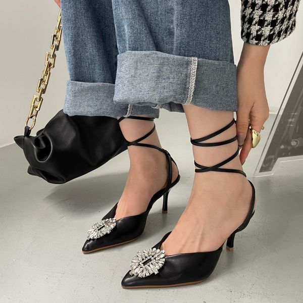 2022 summer new women shoes female microfiber thin high pointed toe sandals ladies crystal ankle straps fashion pumps, Black
2022 summer new women shoes female microfiber thin high pointed toe sandals ladies crystal ankle straps fashion pumps, Black
