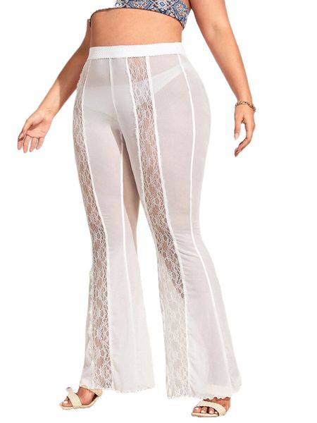 plus lace insert flare leg pants 04ze#, Black