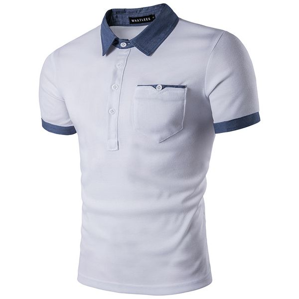 men fashion polo summer denim shirt spliced collar slim fit pocket blouse camisas de polo, White;black
men fashion polo summer denim shirt spliced collar slim fit pocket blouse camisas de polo, White;black