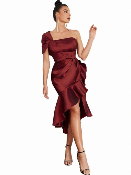 one shoulder ruffle trim wrap asymmetrical hem dress g9bx#, Black;gray