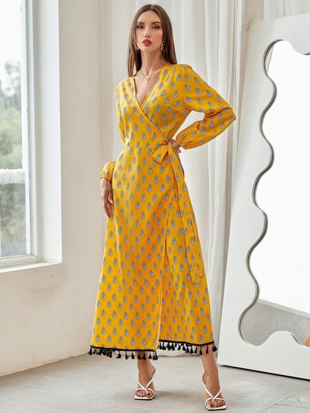 allover floral print tassel trim lantern sleeve wrap knot side dress z8s6#, Black;gray
allover floral print tassel trim lantern sleeve wrap knot side dress z8s6#, Black;gray