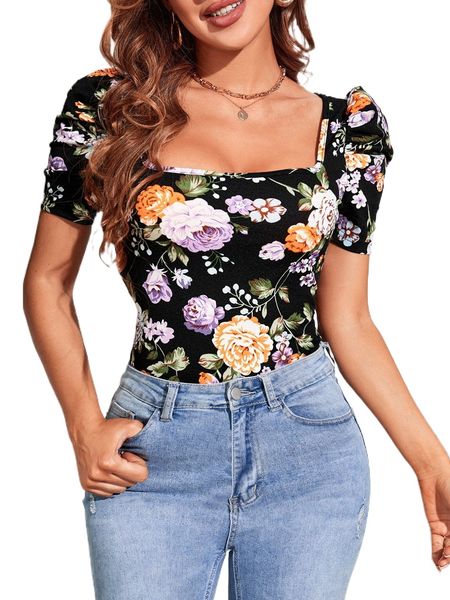 square neck floral print puff sleeve tee a0af#, White