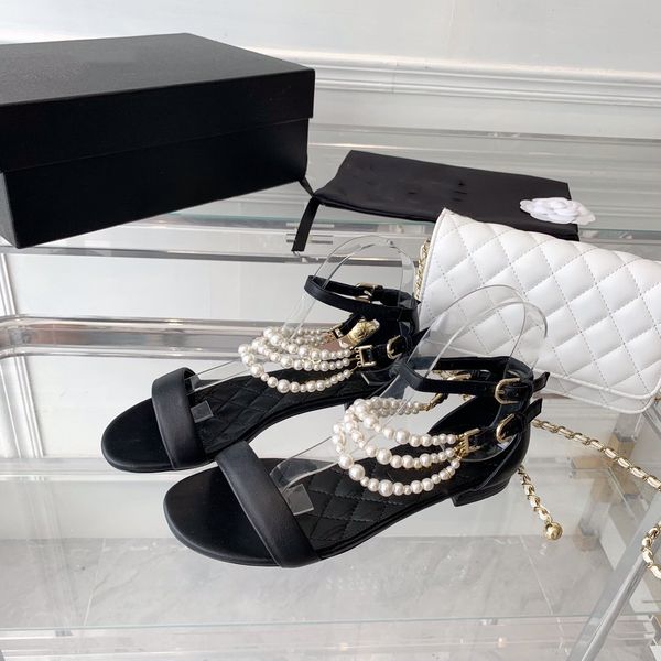 2022 new catwalk style pearl sandals women's flat with open toe leather hollow sandals, Black
2022 new catwalk style pearl sandals women's flat with open toe leather hollow sandals, Black