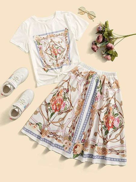 girls floral & chain print tee & skirt she, White