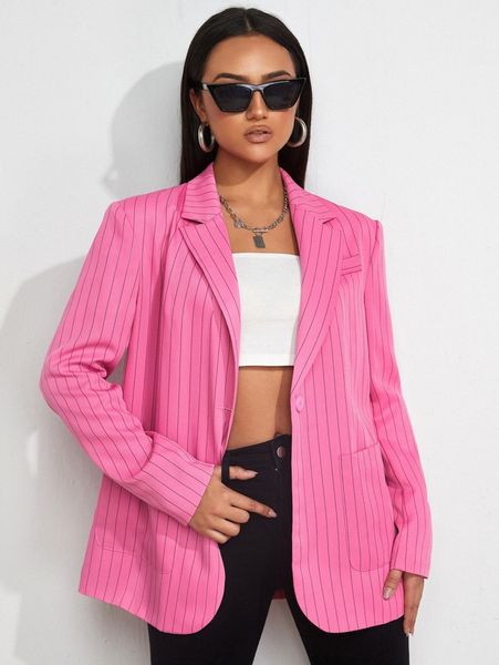 lapel neck striped dual pocket blazer 32x3#, White