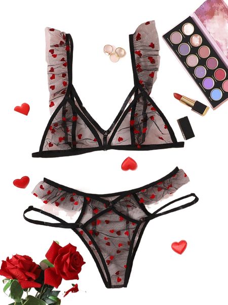 heart pattern mesh lingerie set 51pr#, Black;red 
heart pattern mesh lingerie set 51pr#, Black;red