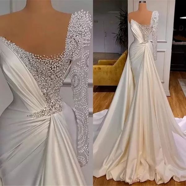 mermaid wedding dresses strapless pearls beaded one shoulder long sleeve luxurious lace beaded wedding gown sweep train robe de mariée, White
mermaid wedding dresses strapless pearls beaded one shoulder long sleeve luxurious lace beaded wedding gown sweep train robe de mariée, White