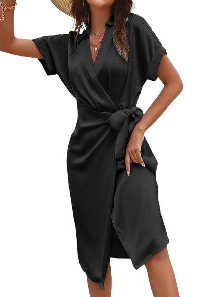 solid batwing sleeve wrap satin dress z0p0#, Black;gray
solid batwing sleeve wrap satin dress z0p0#, Black;gray
