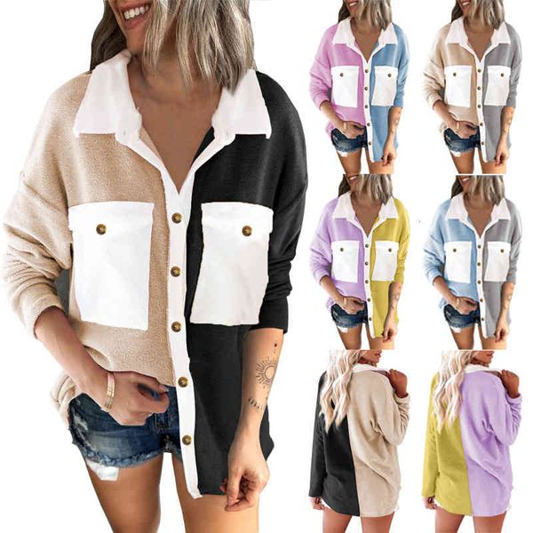 women's blouses & shirts long sleeved shirt women's contrast color stitching cardigan coat autumn and winter plush women 5gse, White
women's blouses & shirts long sleeved shirt women's contrast color stitching cardigan coat autumn and winter plush women 5gse, White