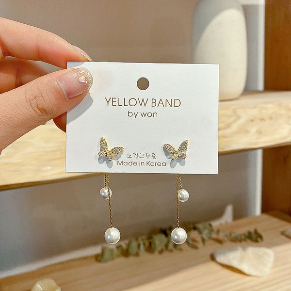 925 silver needle korean new summer butterfly earrings long pearl eardrops real gold plating new eardrop women, Golden
925 silver needle korean new summer butterfly earrings long pearl eardrops real gold plating new eardrop women, Golden