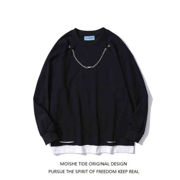 moishe tide fake two-piece hole chain round neck sweater for men loose hip-hop casual couple, Black
moishe tide fake two-piece hole chain round neck sweater for men loose hip-hop casual couple, Black
