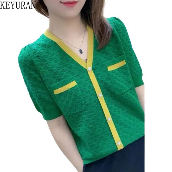 2022 summer v-neck knit cardigan women puff short-sleeved color-blocking fashion hollow out knitted woman knitwear shirts, White;black
2022 summer v-neck knit cardigan women puff short-sleeved color-blocking fashion hollow out knitted woman knitwear shirts, White;black