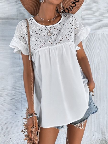 flounce cuff eyelet embroidered blouse x8hw#, White
flounce cuff eyelet embroidered blouse x8hw#, White