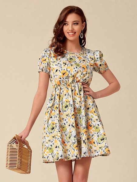 abstract floral print puff sleeve dress 436b#, Black;gray