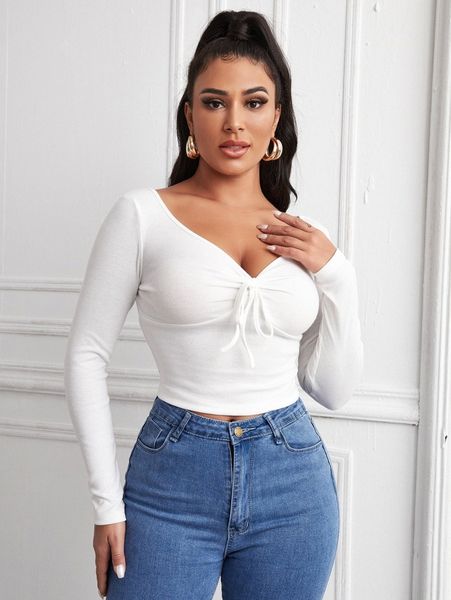 ruched knot front rib-knit crop tee g8gq#, White