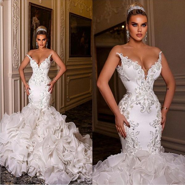 luxury mermaid wedding dresses v neck off shoulder beads lace cascading ruffles bride dress wedding gowns custom made, White
luxury mermaid wedding dresses v neck off shoulder beads lace cascading ruffles bride dress wedding gowns custom made, White