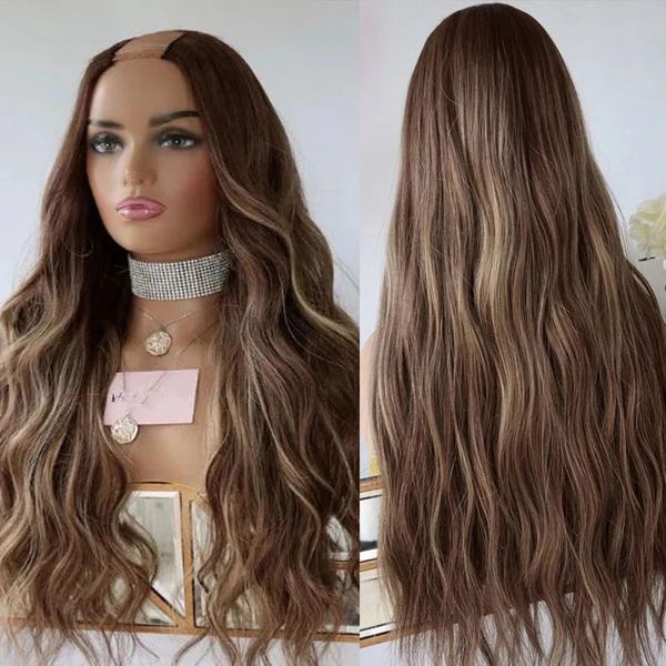 

highlight chocolate brown wavy u part wigs unprocessed 100% human hair glueless ombre blonde peruvian v shape full loose wave, Black