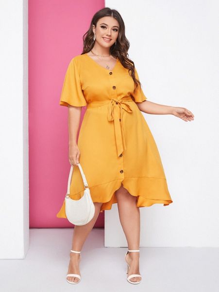 plus button front ruffle hem belted dress y1af#, Black