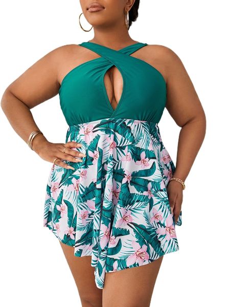 plus tropical print cross wrap bikini swimsuit j6ei#, White;black 
plus tropical print cross wrap bikini swimsuit j6ei#, White;black